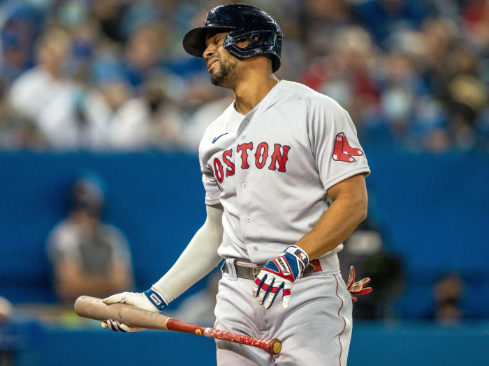 Aug 7, 2021; Toronto, Ontario, CAN; Boston Red Sox shortstop Xander Bogaerts (2) reacts after taking a strike against the Toronto Blue Jays during the first inning at Rogers Centre.